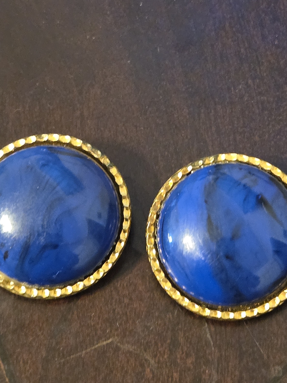 Gold-Trim Toned Blue Stone Statement Earrings Clip On